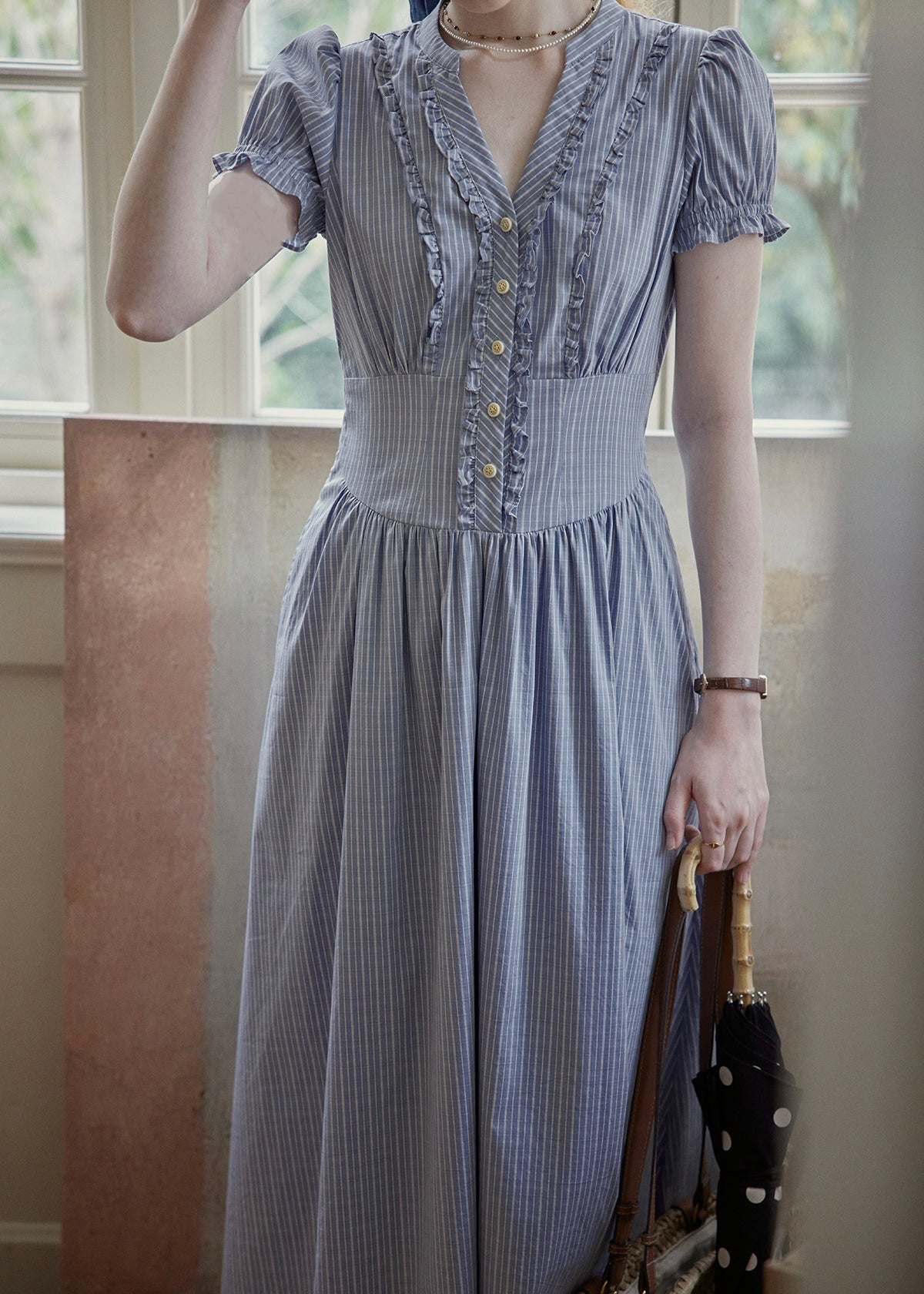 Blue Stripe Button Vintage Short Sleeve Dress