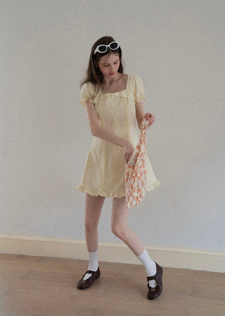 Lemon Meringue Soft Glow Vintage Puff Sleeve Mini Dress