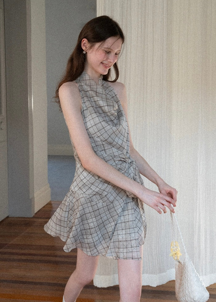 Sable Check Halter Wrap Mini Dress