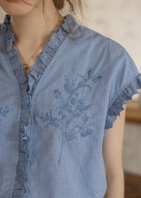 Embroidered Frill Sleeve Linen Blend Blouse(2COLOR)