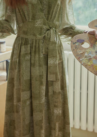 Vintage Sage Green Floral Wrap Maxi Dress