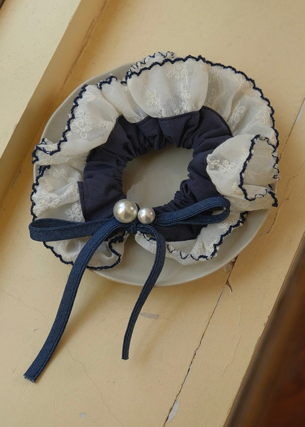 Navy Pearl Lace Bow Scrunchie