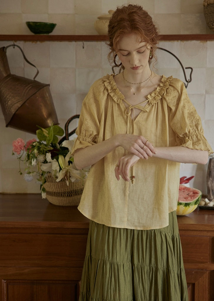 Amber Ruffle Bloom Blouse | Vintage Yellow Embroidered Top