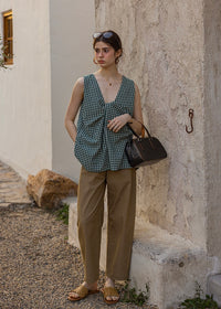 Lemon Noon Check Vest Top | Linen Cotton Sleeveless V-Neck Shirt(2COLOR)