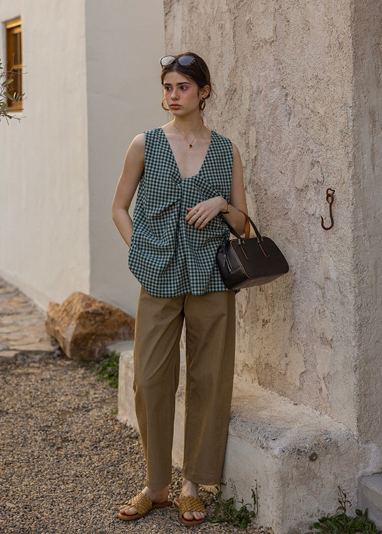 Lemon Noon Check Vest Top | Linen Cotton Sleeveless V-Neck Shirt(2COLOR)