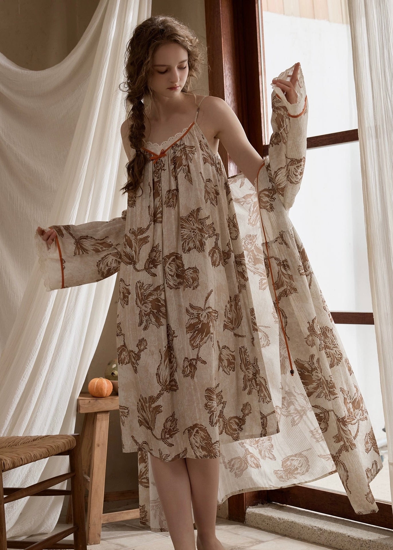 Vintage Floral Lace Trim Long Nightdress with Robe(2COLOR)