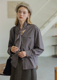Vintage Plaid Scarf Tie V-Neck Blouse