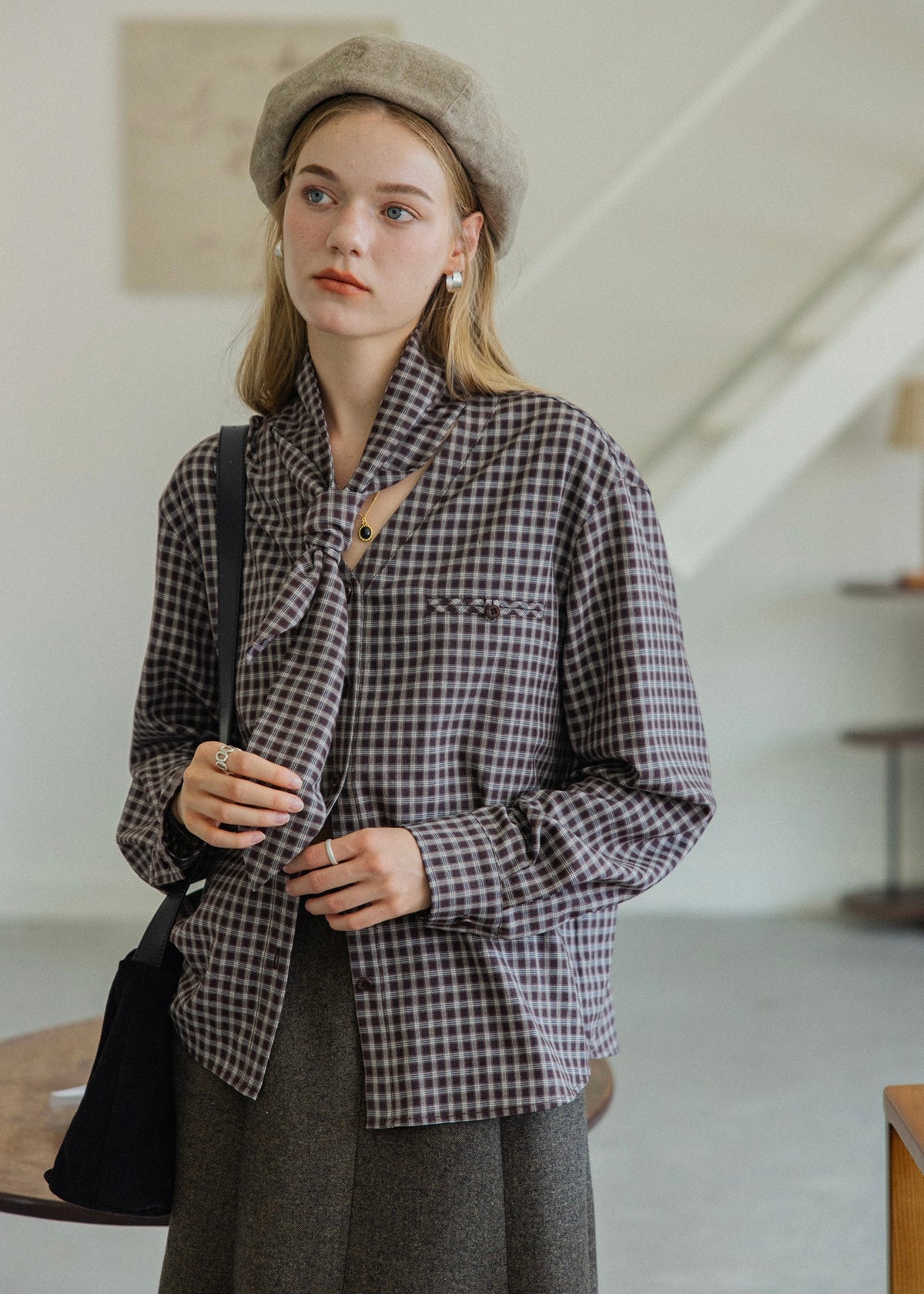 Vintage Plaid Scarf Tie V-Neck Blouse