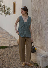 Lemon Noon Check Vest Top | Linen Cotton Sleeveless V-Neck Shirt(2COLOR)