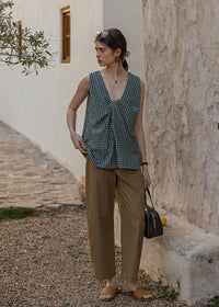 Lemon Noon Check Vest Top | Linen Cotton Sleeveless V-Neck Shirt(2COLOR)