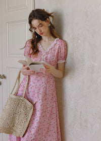 Strawberry Picnic Pink Gingham Floral Lace Dress