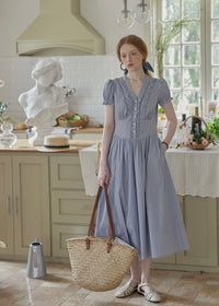 Blue Stripe Button Vintage Short Sleeve Dress