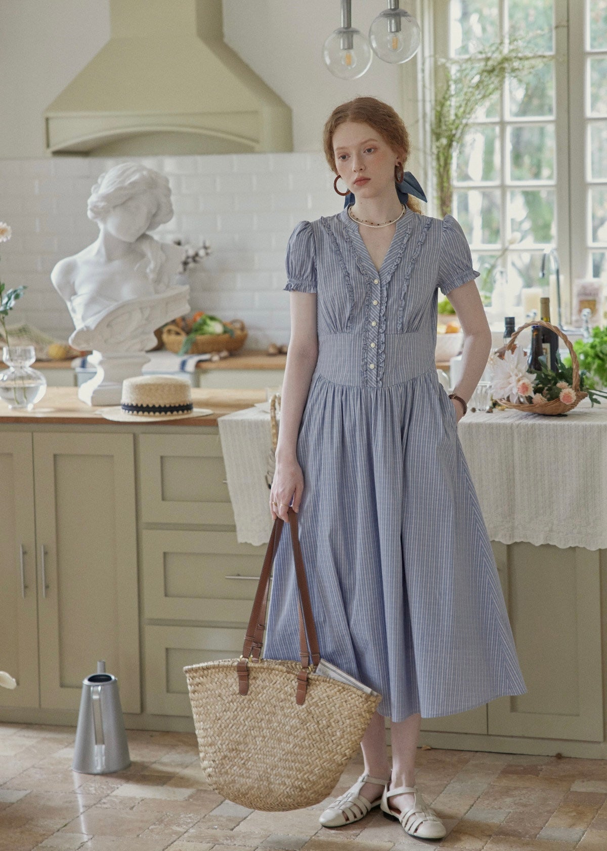 Blue Stripe Button Vintage Short Sleeve Dress