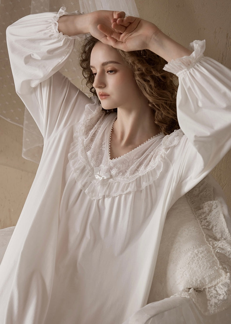 Moonlit Reverie Vintage Lace Ruffle Sleepwear Nightdress(3COLOR)