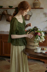 Château Garden Pintuck Blouse | Vintage Dark Green Peplum Top
