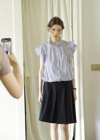 Celeste Stripe Frill Blouse | Blue Ruffle Neck Sleeveless Summer Top