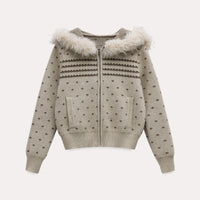 Soft Trail Fur-Hood Knit Zip Cardigan Jacket