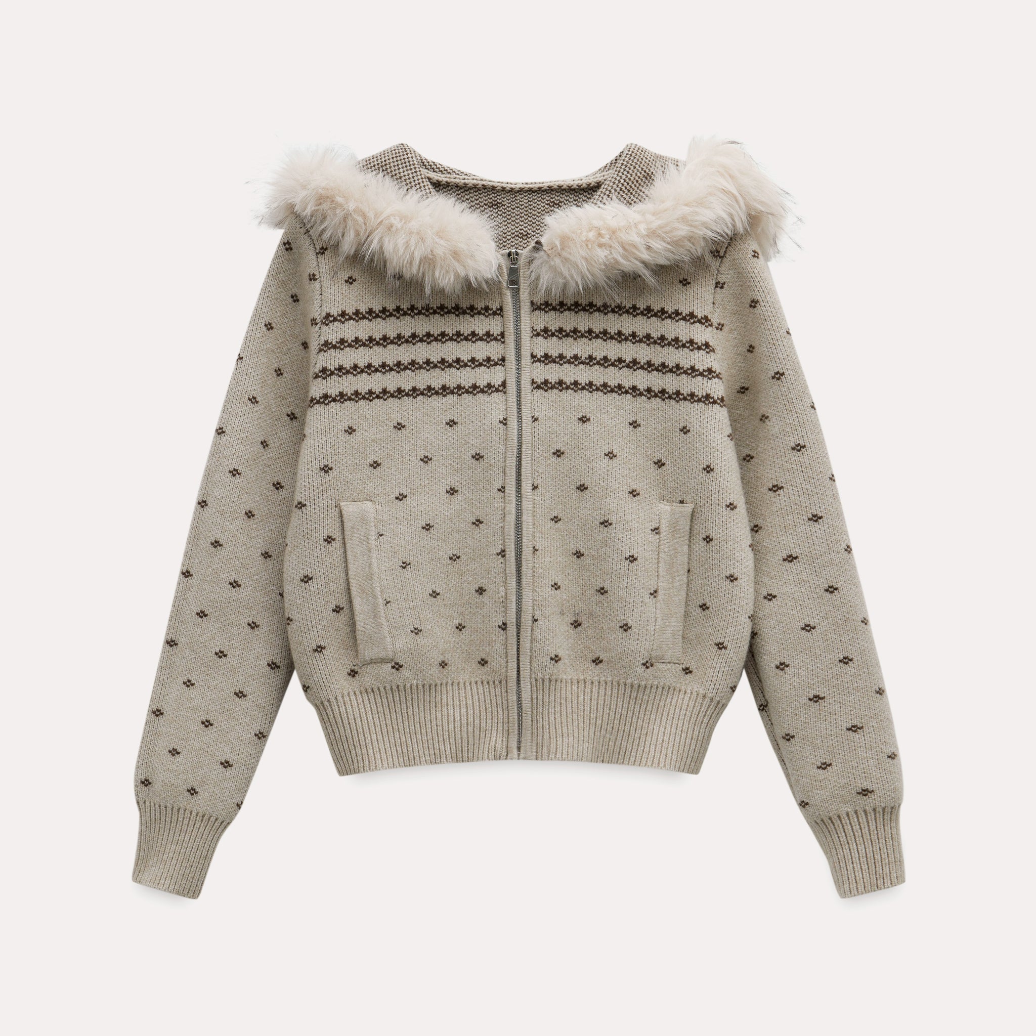 Soft Trail Fur-Hood Knit Zip Cardigan Jacket