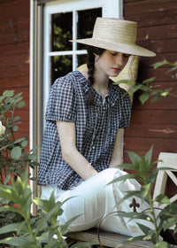 Midnight Check Ruffle Collar Short Sleeve Blouse