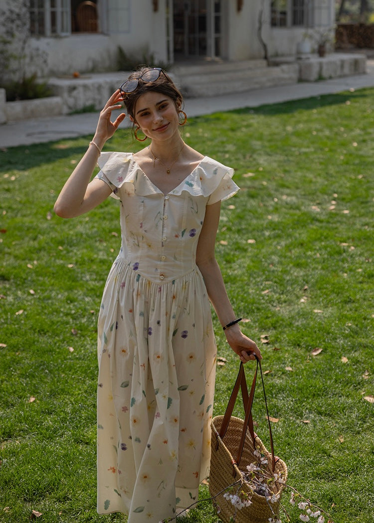 Blooming Ruffle Garden Dress | Vintage Floral Sleeveless Cotton Maxi