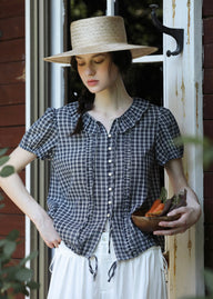 Midnight Check Ruffle Collar Short Sleeve Blouse