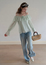 Lumière Mint Off-Shoulder Ruffle Blouse