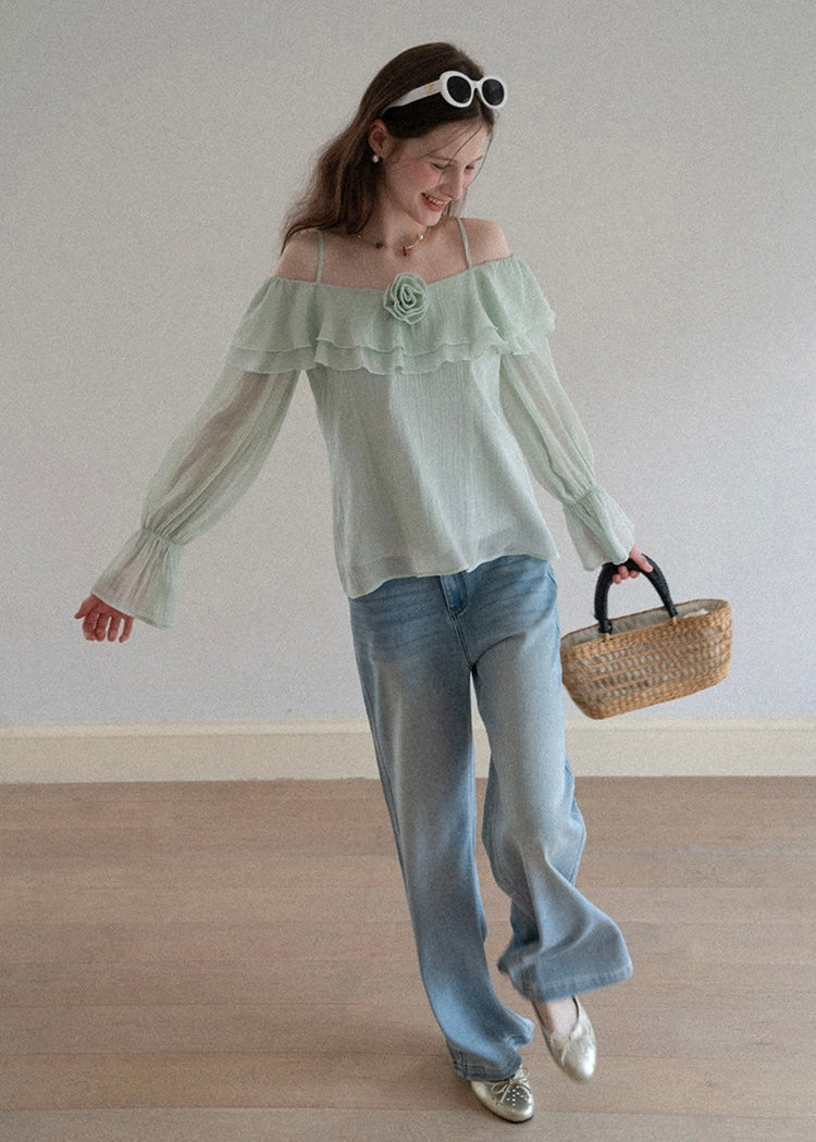 Lumière Mint Off-Shoulder Ruffle Blouse