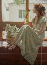 Verde Bloom Long Dress | Vintage Mint Floral Ruched Dress
