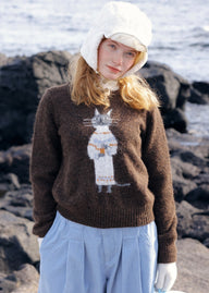 Vintage Cat Jacquard Crew Neck Knit Sweater