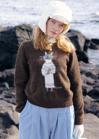 Vintage Cat Jacquard Crew Neck Knit Sweater