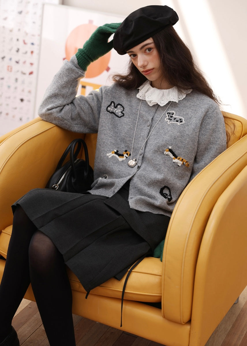 Little Friends Embroidery Knit Wool Cardigan(2COLOR)