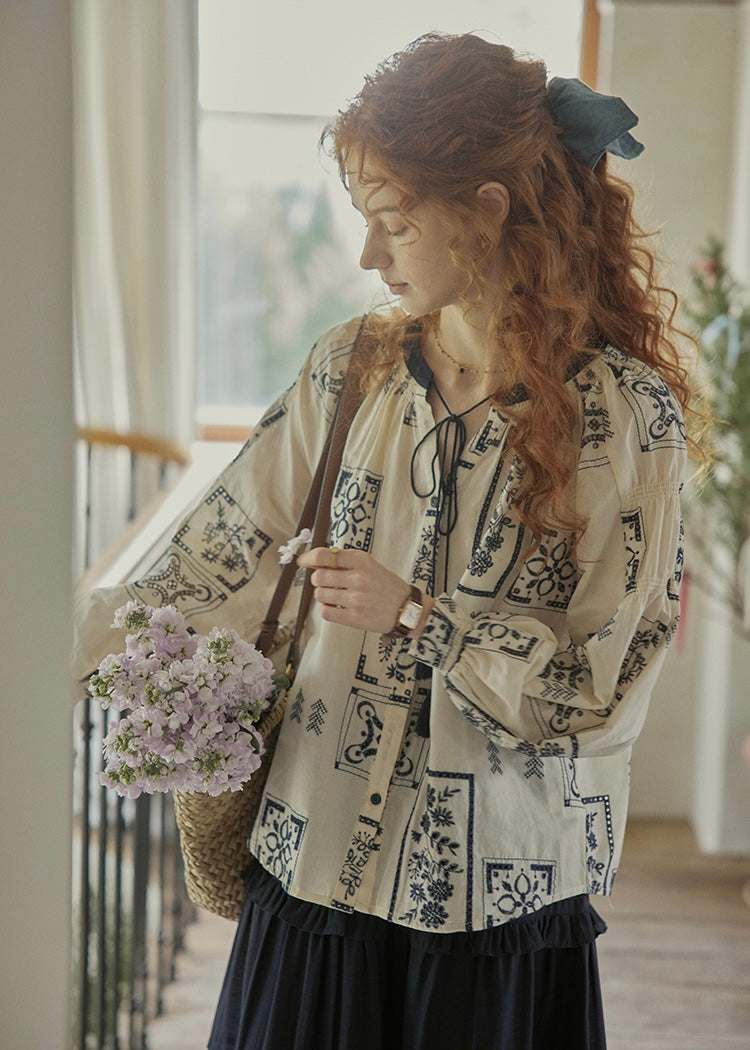 Meadow Folk Tie Blouse | Vintage Navy Print Peasant Top