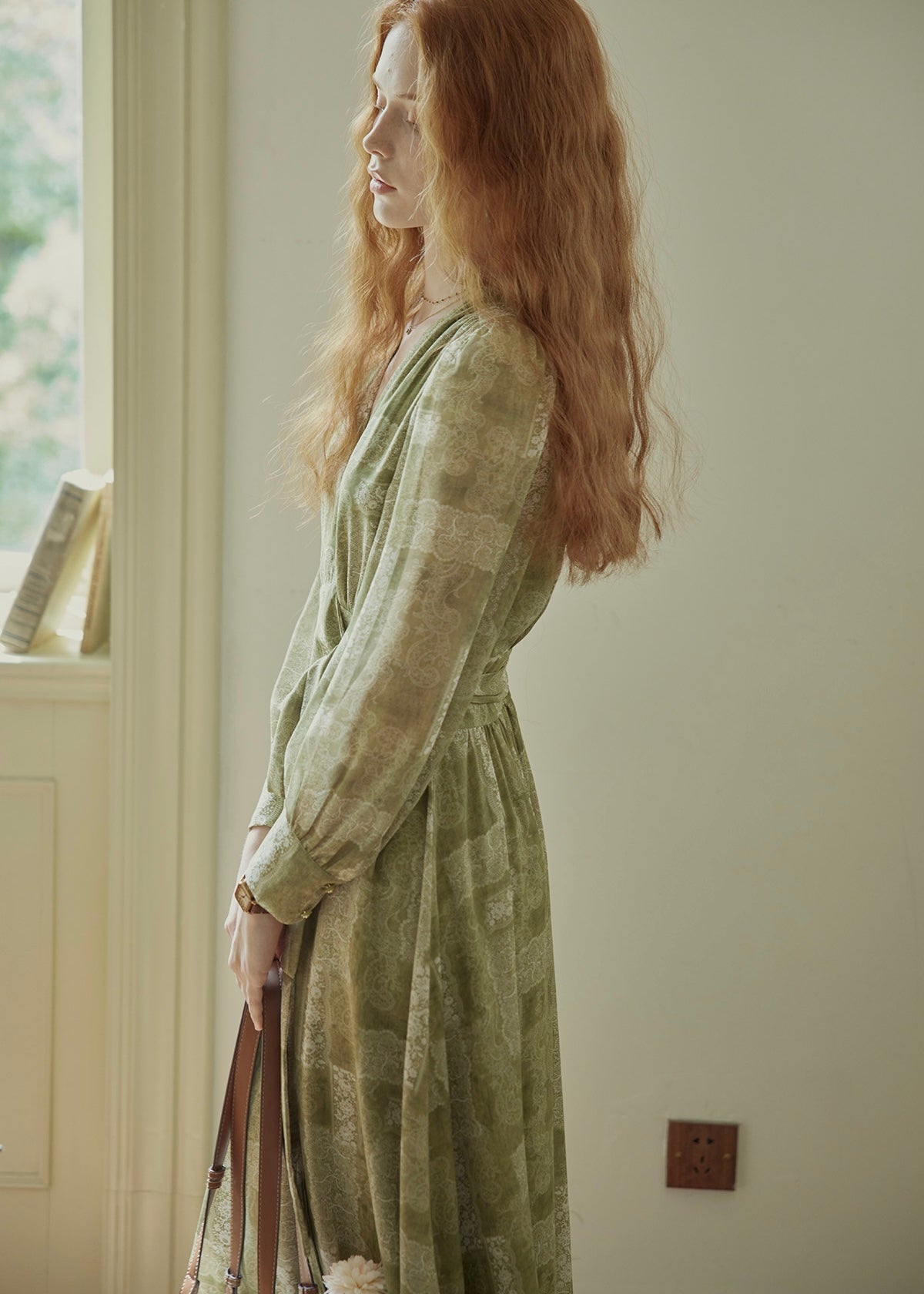 Vintage Sage Green Floral Wrap Maxi Dress