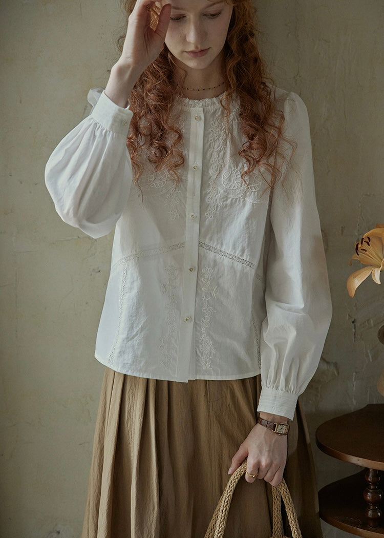 White Embroidered Vintage Long Sleeve Blouse