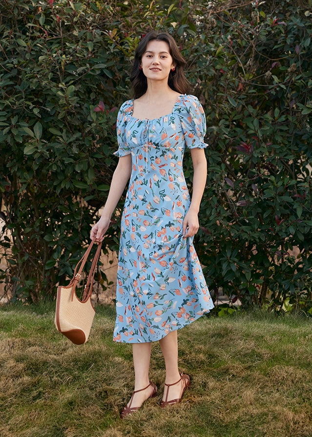Blossom Breeze Dress | Puff Sleeve Blue Floral Summer Dress