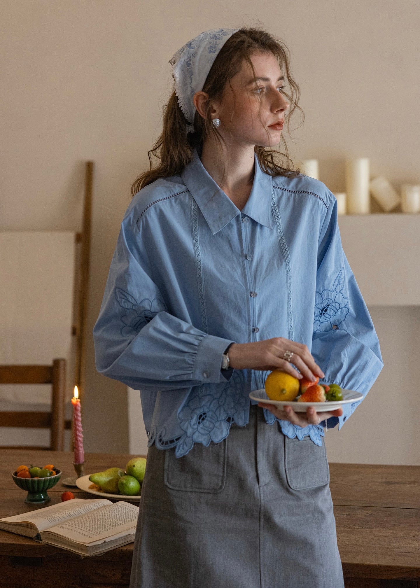 Veiled Petal Blouse Rose Cut-Out Embroidery Shirt(2COLOR)