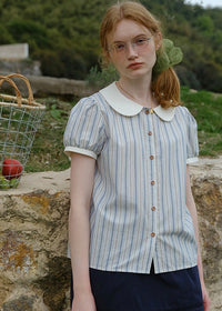 Blue Stripe Peter Pan Collar Puff Sleeve Blouse