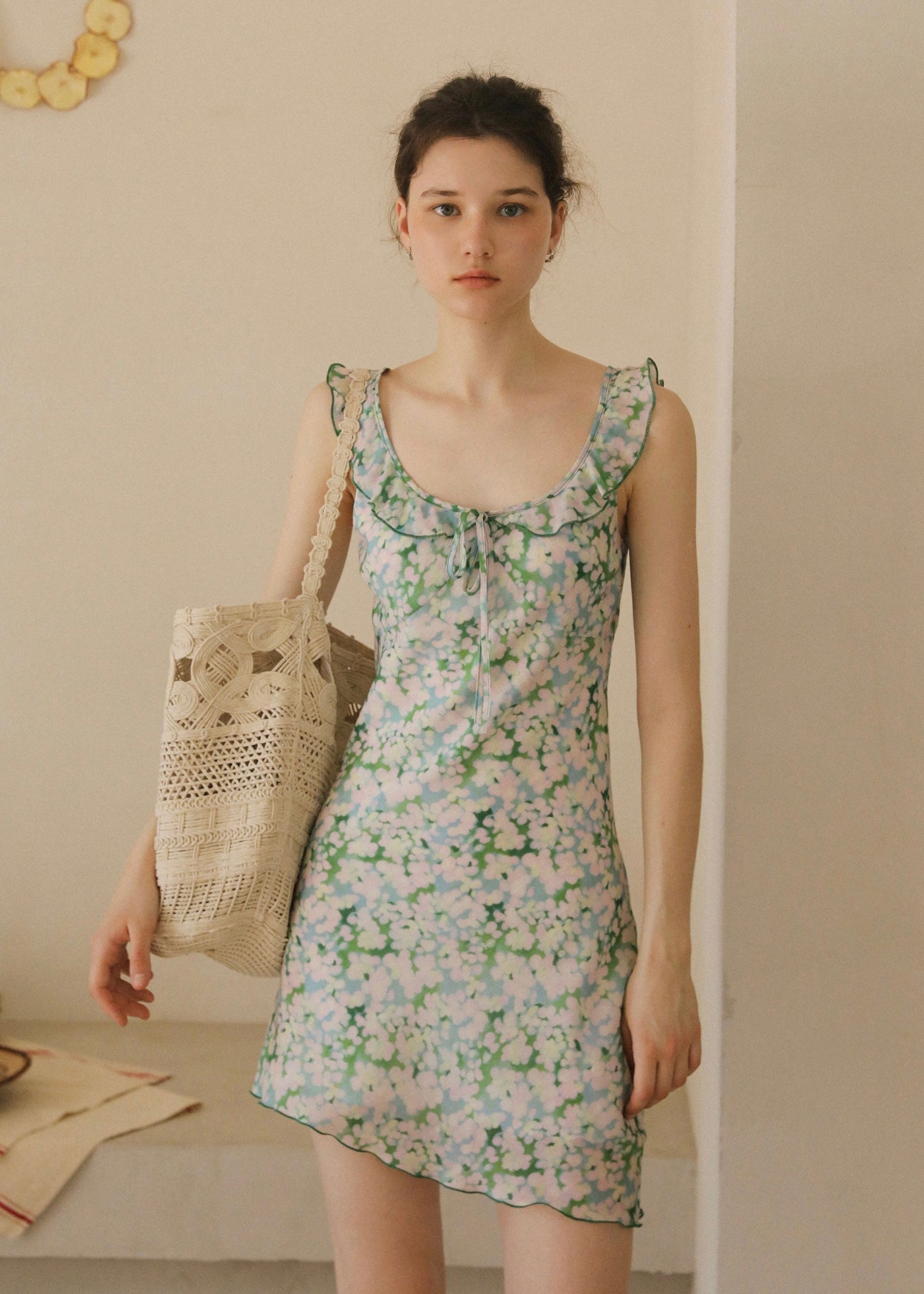 Green Petal Sheer Floral Ribbon Sleeveless Top