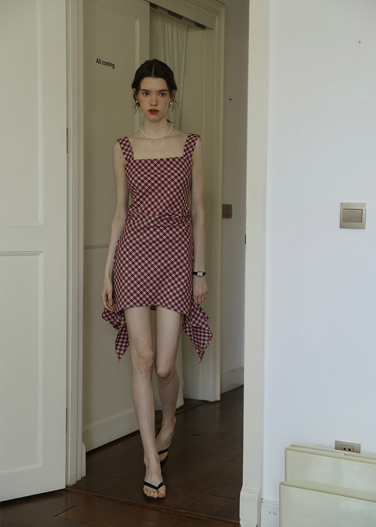Ruby Picnic Check Dress | Vintage Asymmetrical Gingham Sleeveless Dress