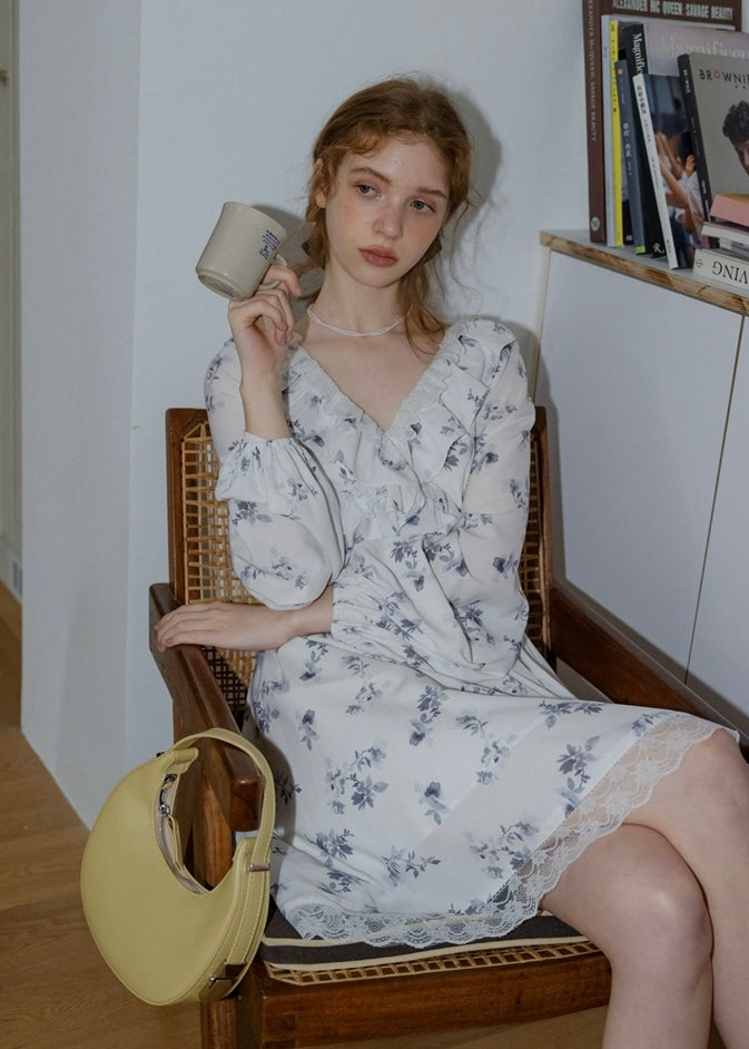 Morning Lace White Blue Floral Vintage Ruffle Bloom Dress
