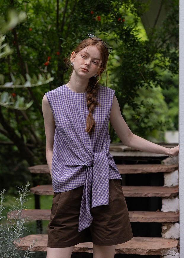 Lavender Knot Gingham Sleeveless Wrap Blouse