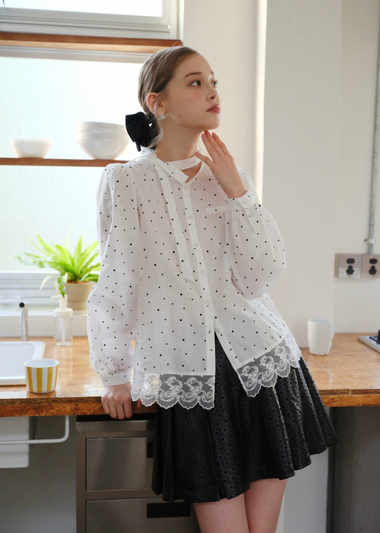 Romantic Polka Dot Lace Trim Blouse with Tie Neck