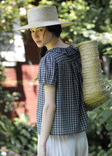 Midnight Check Ruffle Collar Short Sleeve Blouse