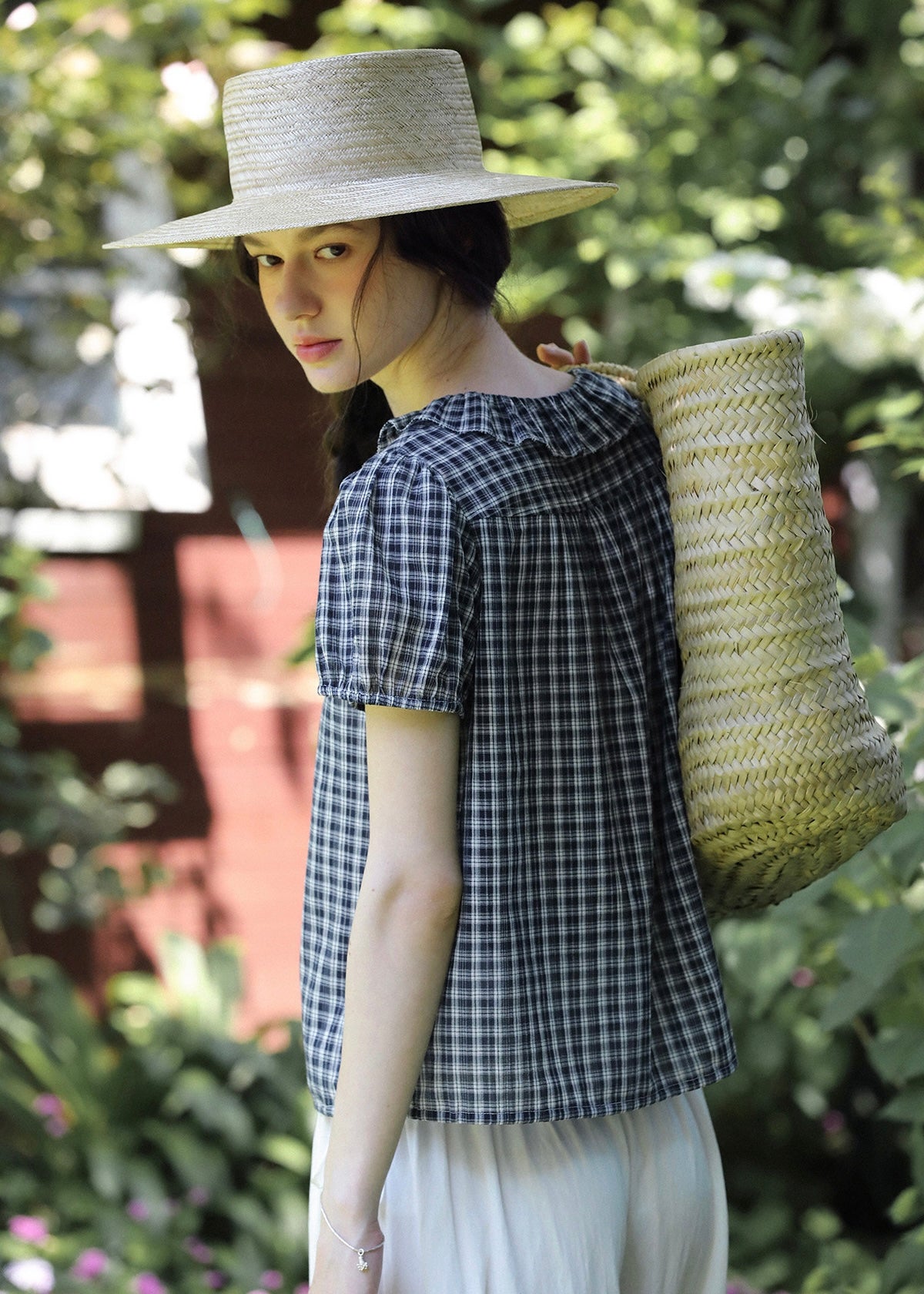 Midnight Check Ruffle Collar Short Sleeve Blouse