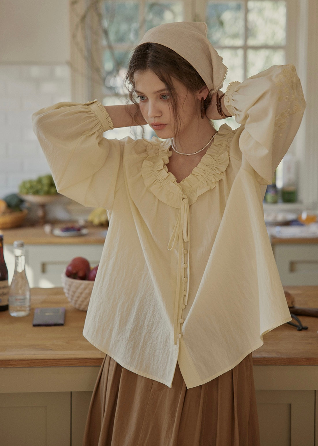 Buttercream Ruffle Embroidered Vintage Blouse