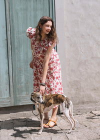 Rosalie Ruffle Floral Dress | Romantic Red Flower Midi Dress for Summer