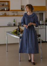 Evening Poem Ruffled White Lace & Navy Check Dress(2COROL)
