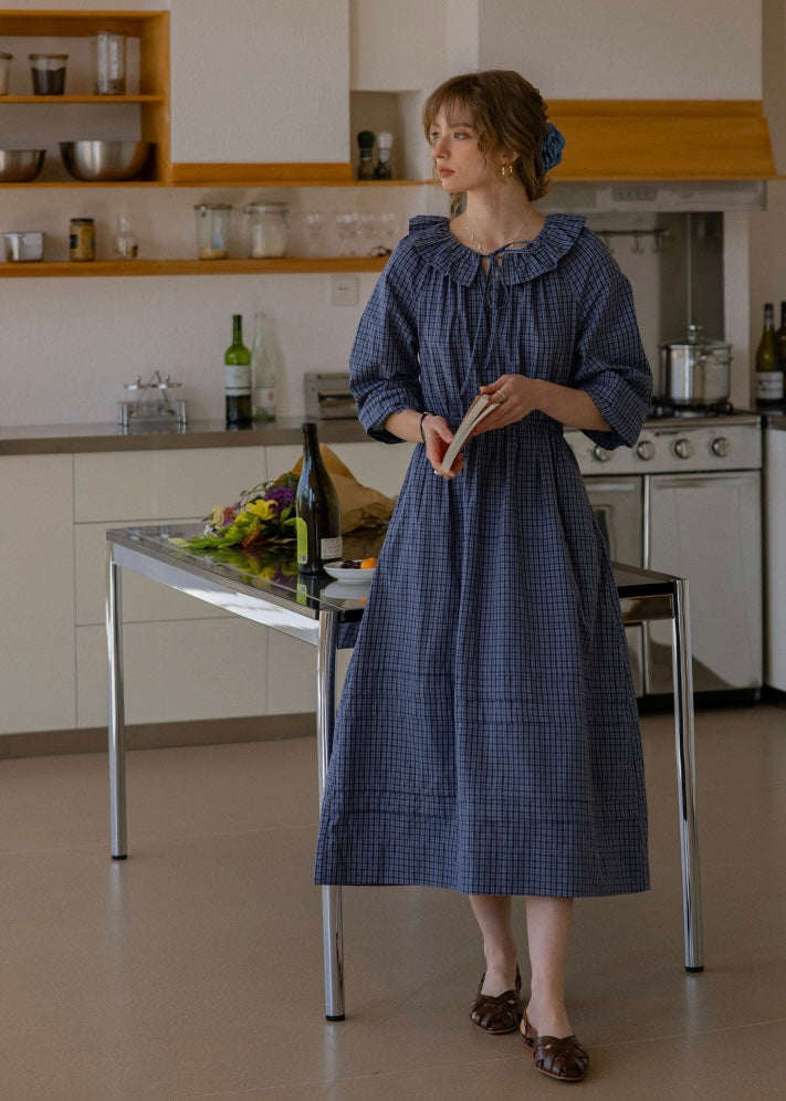Evening Poem Ruffled White Lace & Navy Check Dress(2COROL)