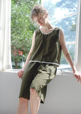 Moss Green Quiet Cotton Pajama Set Vintage Plaid Sleeveless Lounge Set