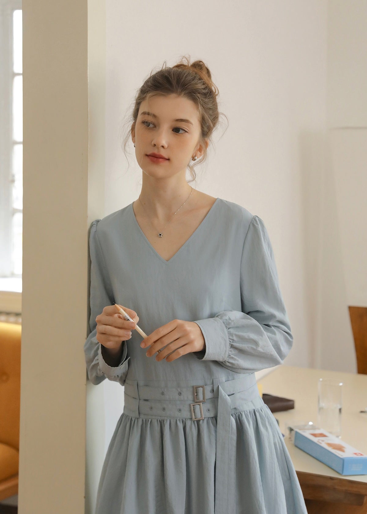 Soft Mist Belted Vintage Pastel Blue Dress
